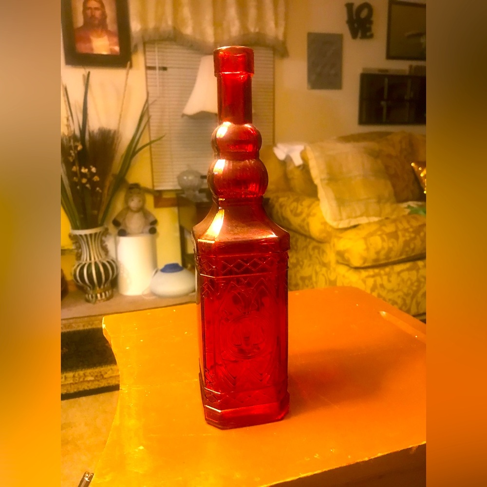 Vintage Red glass square Apothecar Bottle